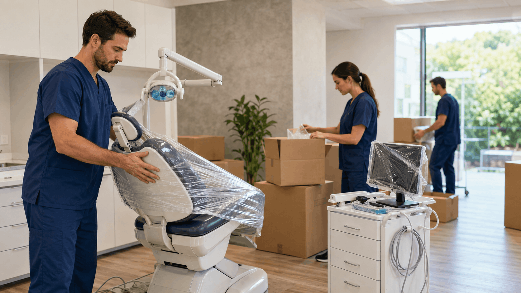 Dental office staff in scrubs unpacking and setting up medical equipment boxes