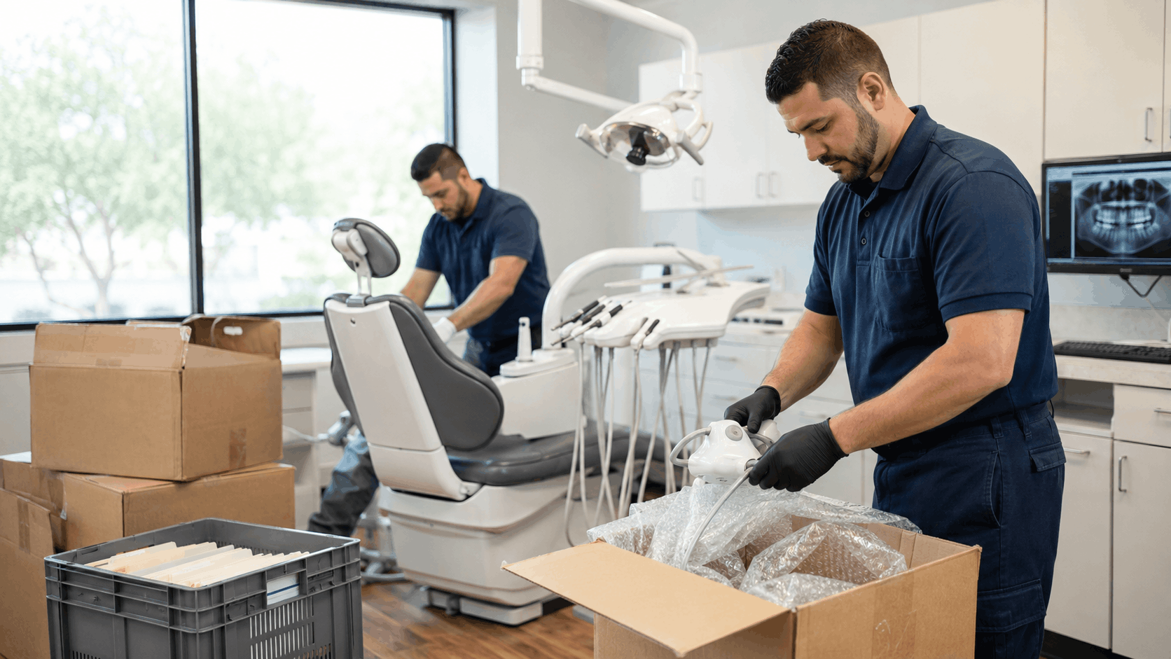 Two movers in navy uniforms unpacking dental equipment in Los Angeles dental office