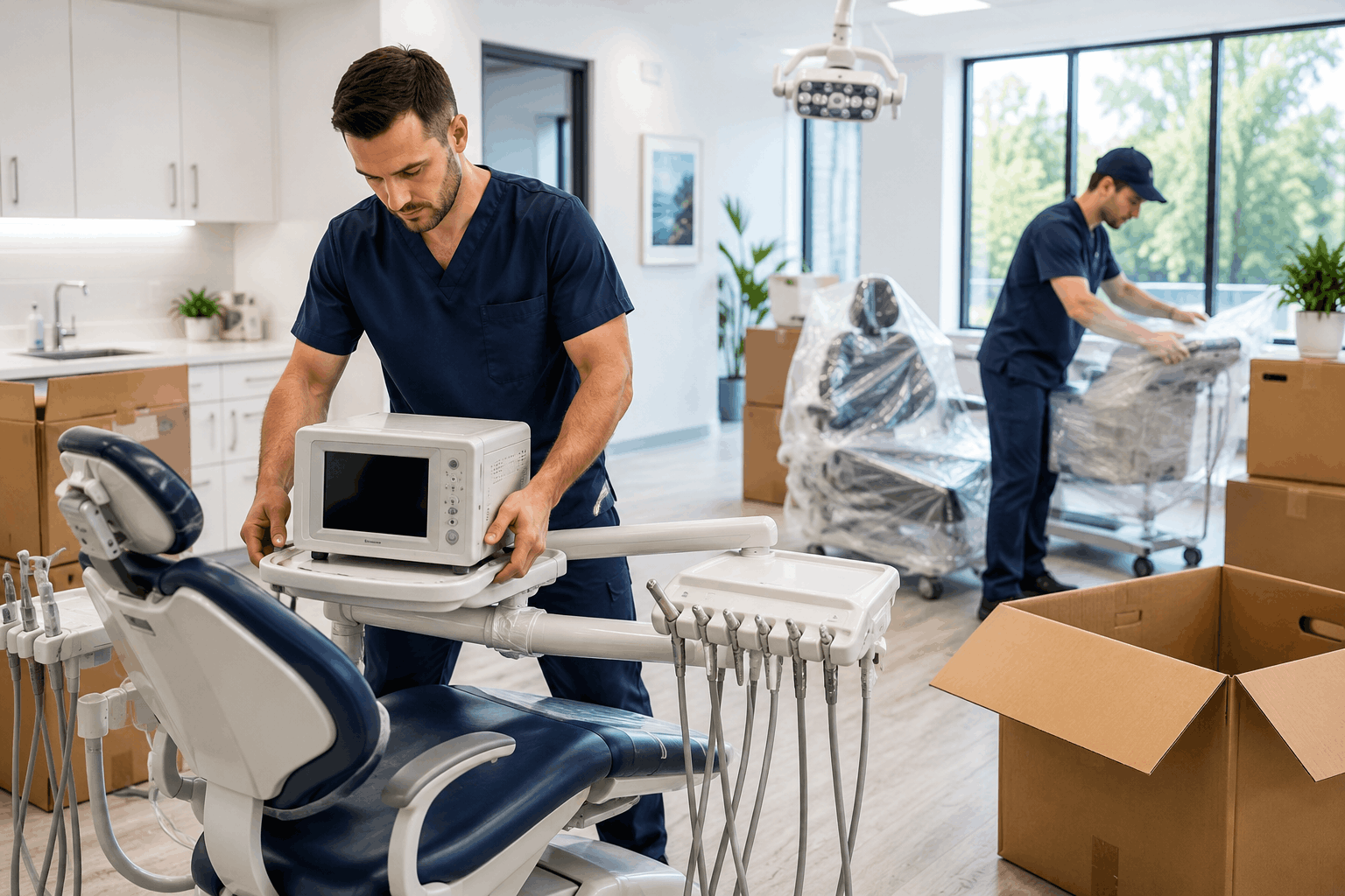 Dental office movers in Los Angeles relocating dental chair and medical equipment with boxes