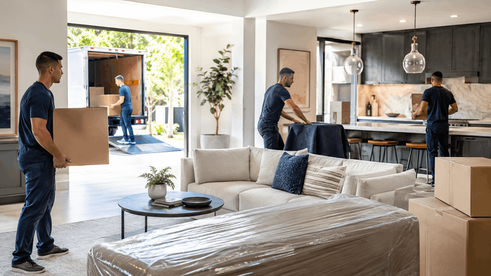 Professional movers in navy uniforms moving furniture and boxes into modern home