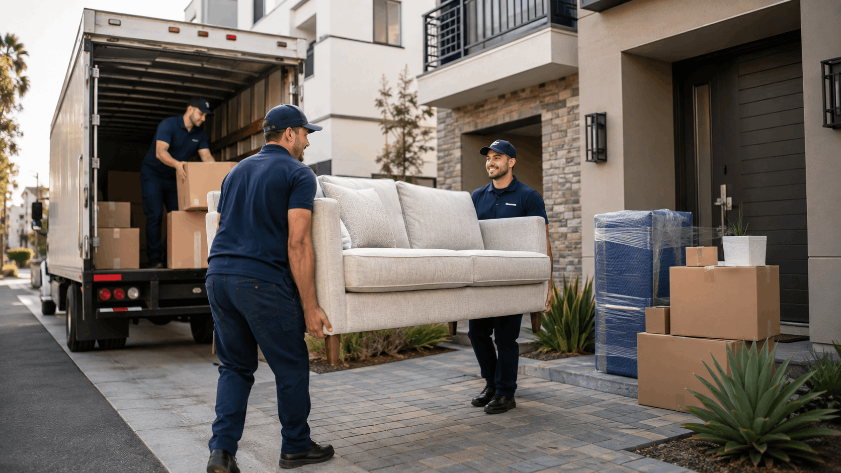 Professional movers carrying white sofa from moving truck at modern Los Angeles townhome