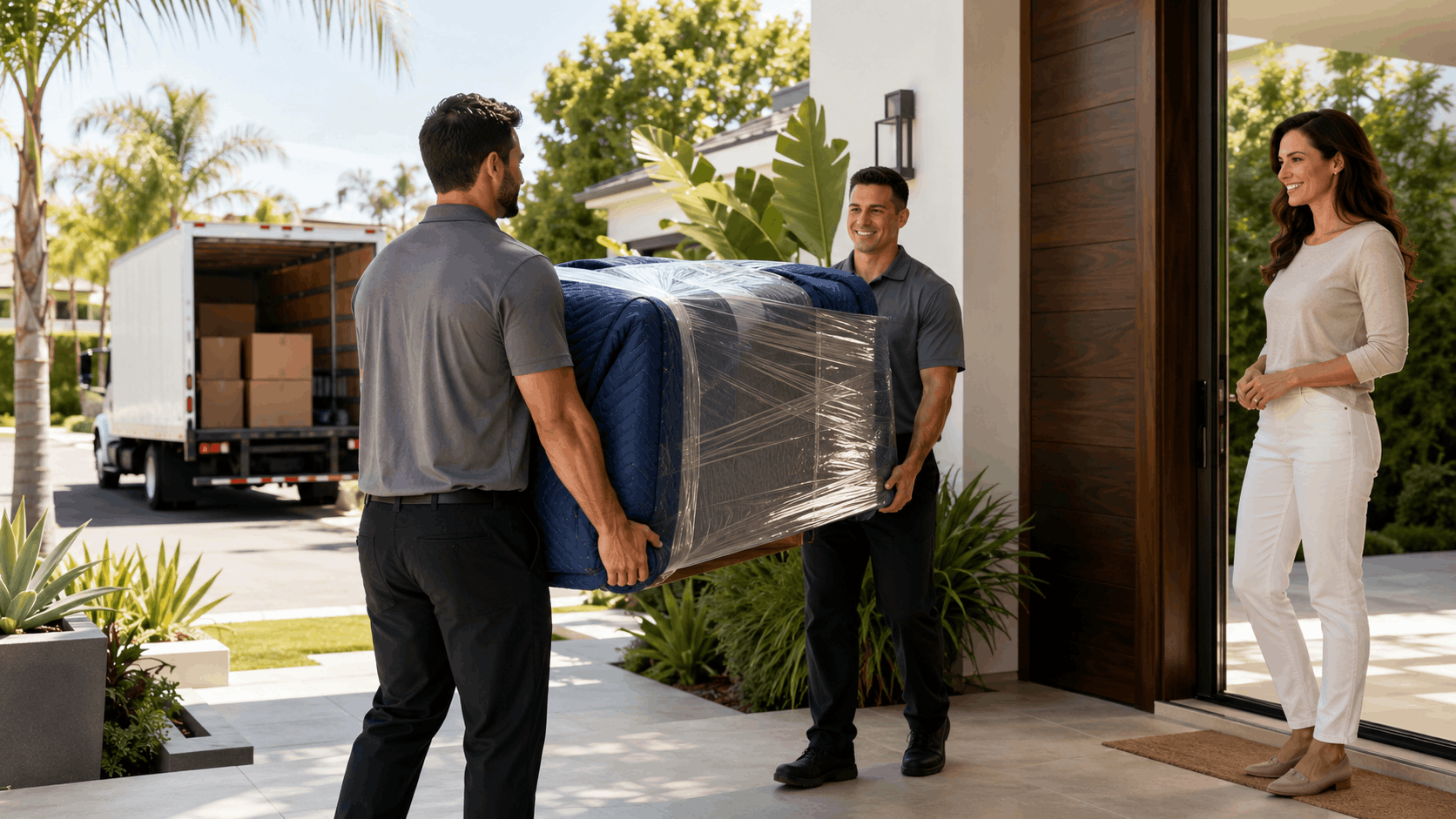 Two professional movers delivering wrapped mattress to Los Angeles homeowner at front door