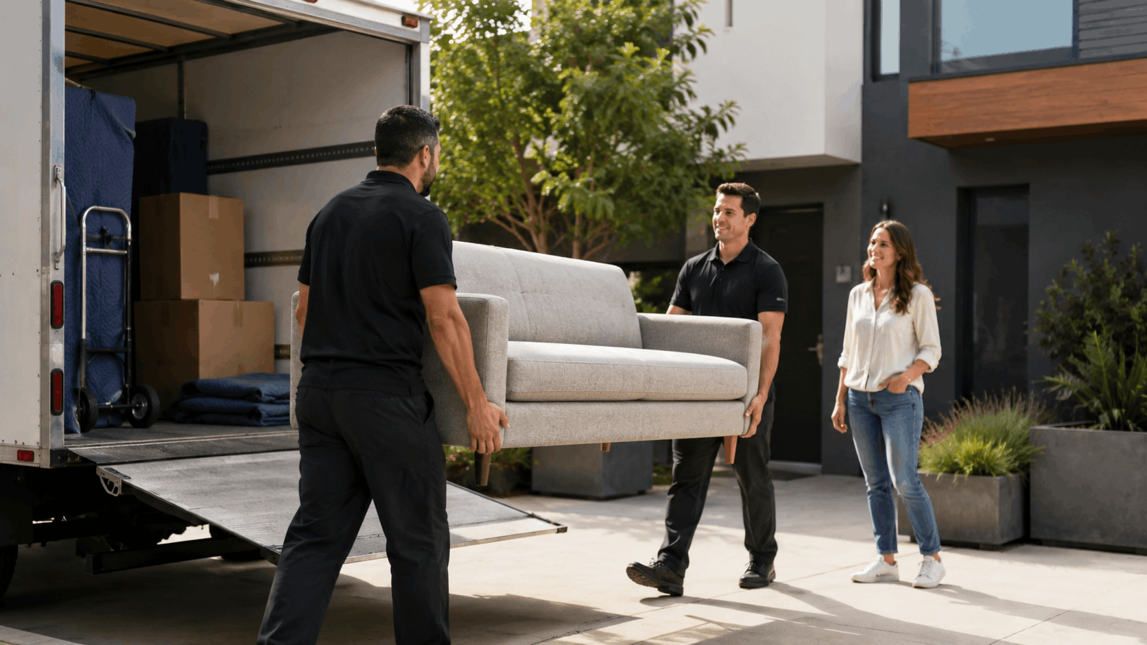Two professional movers carrying gray sofa from moving truck in Los Angeles driveway