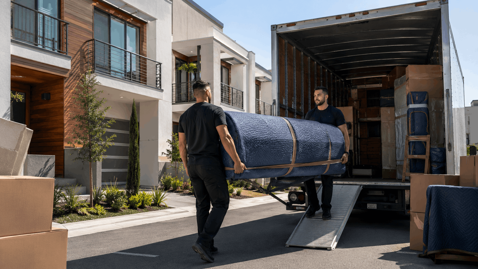 Two Popeye Moving & Storage movers unloading wrapped furniture from truck outside modern Los Angeles home