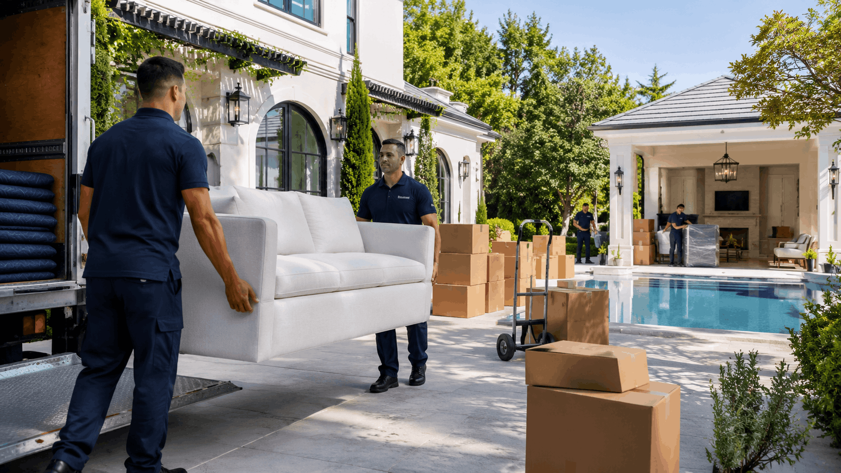 Professional movers carrying white sofa outside luxury Encino mansion with pool