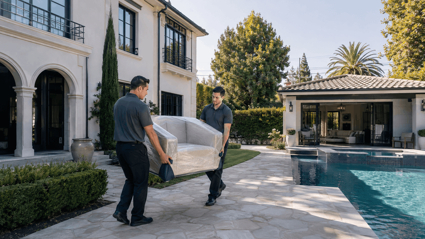 Two professional movers carrying plastic-wrapped sofa beside luxury Los Angeles pool house