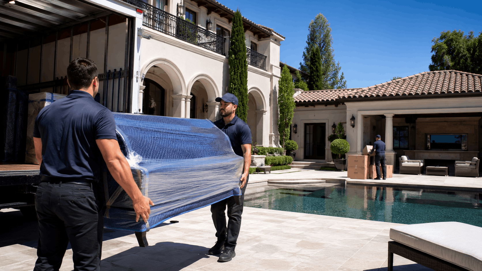 Two professional movers carrying wrapped sofa at luxury Los Angeles estate poolside