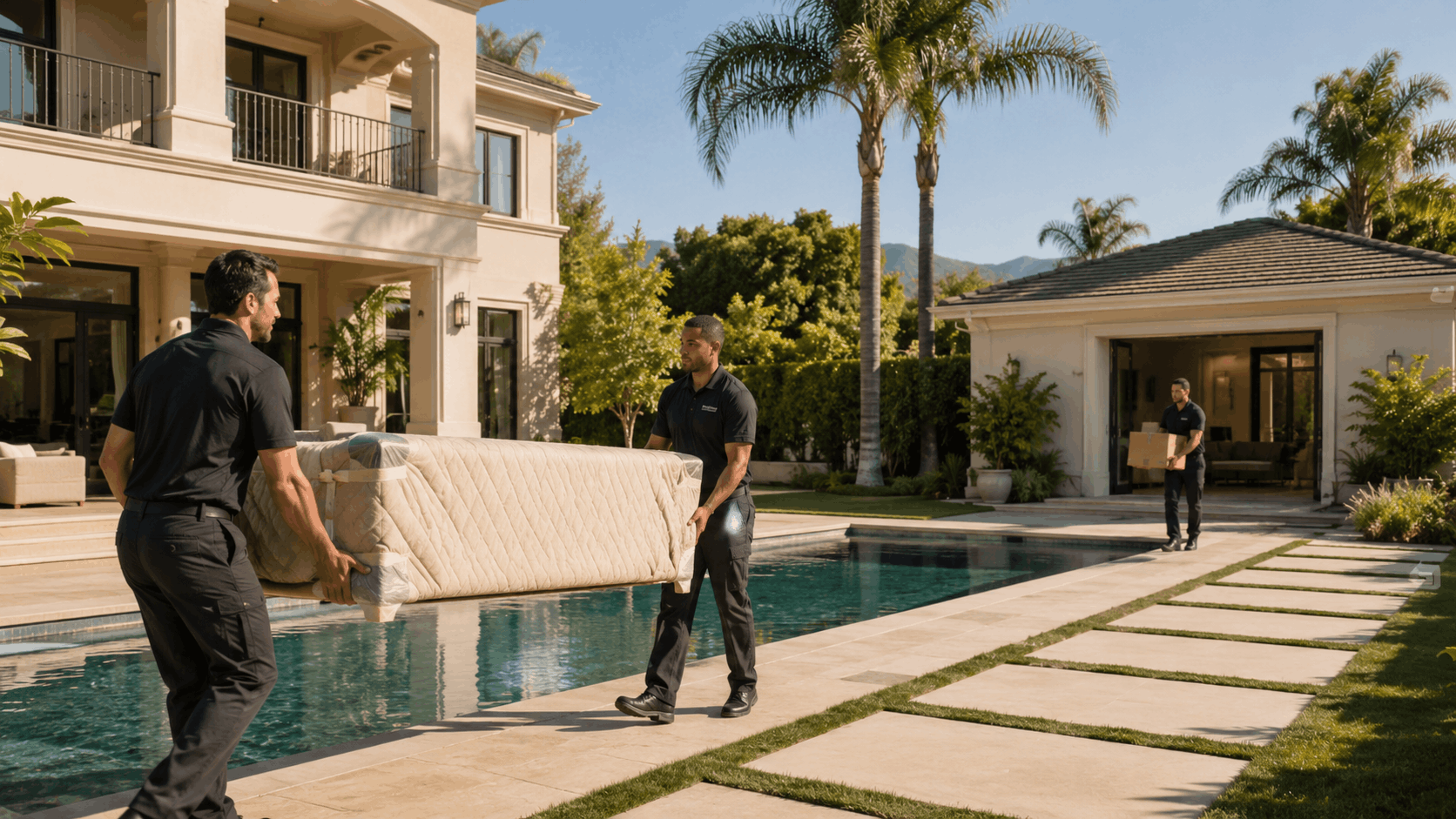 Two Popeye Moving workers carrying mattress poolside at luxury Encino home