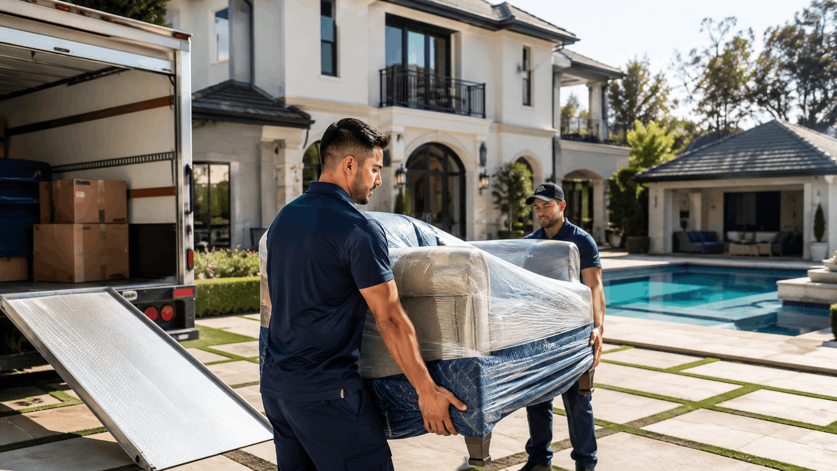 Two Popeye Moving crew members carrying wrapped sofa into luxury Los Angeles home