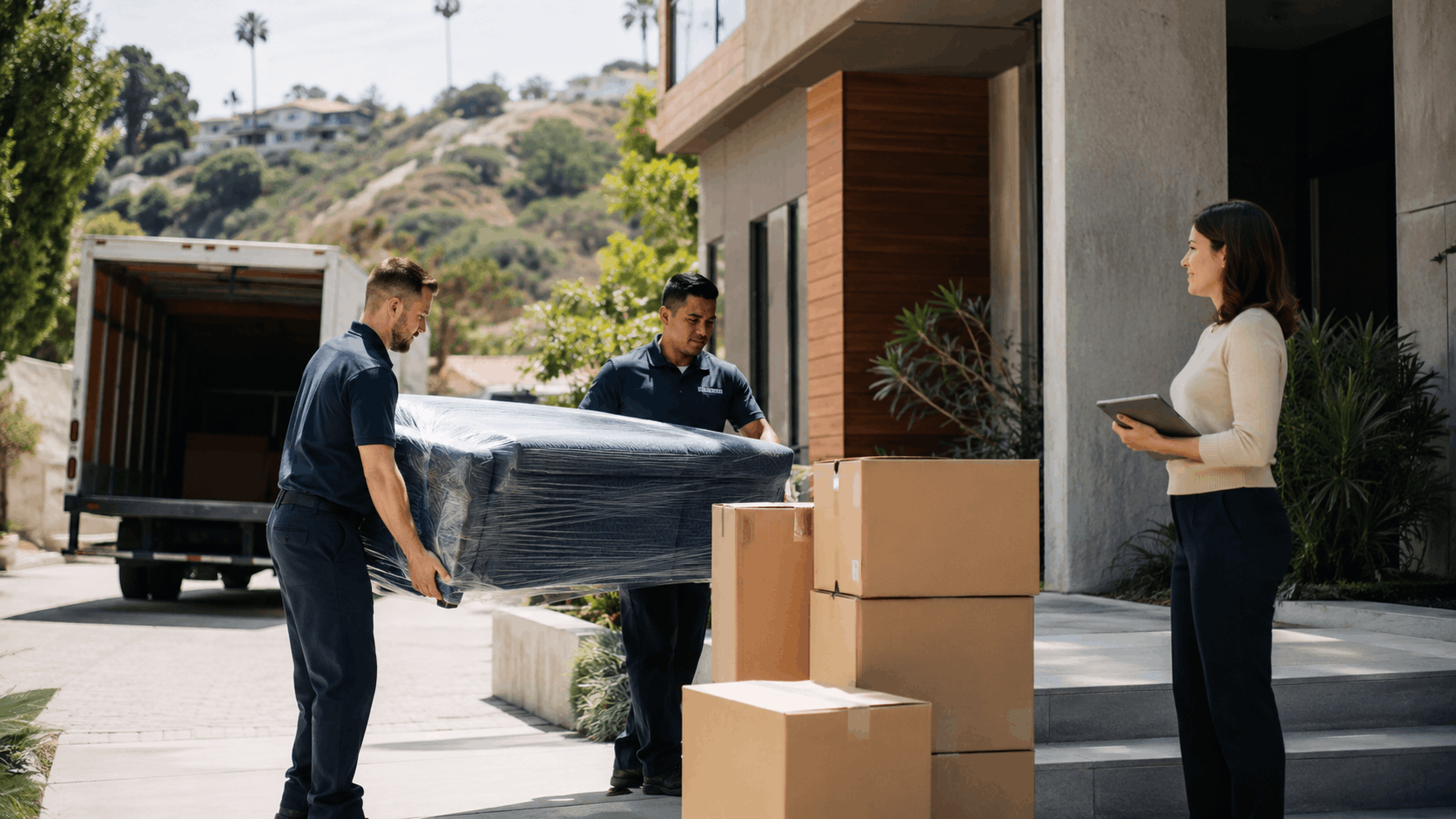 Two professional movers carrying wrapped furniture outside Sherman Oaks modern home