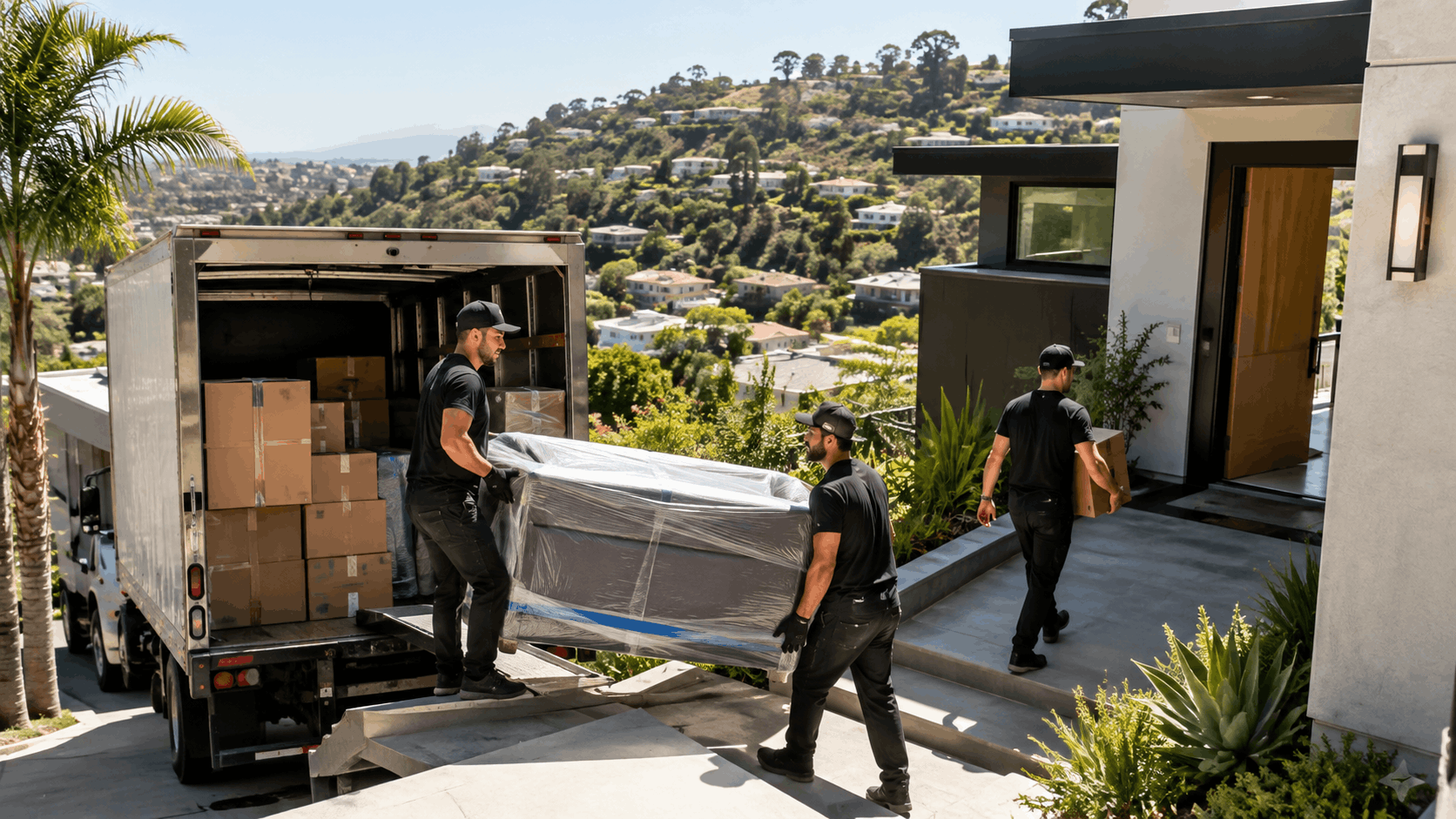 Professional movers unloading wrapped furniture from truck at modern Los Angeles hillside home
