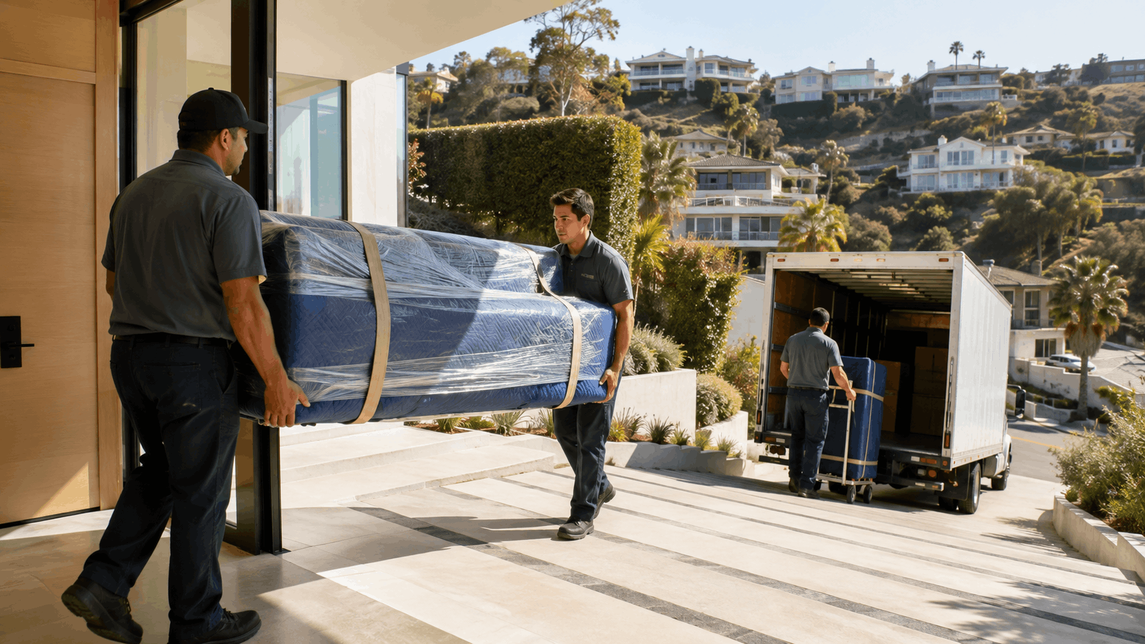 Professional movers carrying wrapped mattress into luxury Los Angeles hillside home