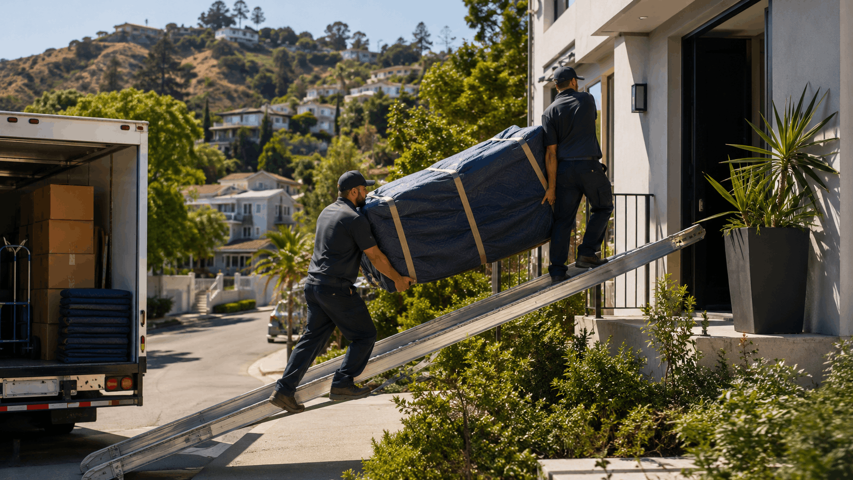 Two professional movers carrying wrapped furniture up ramp into Los Angeles hillside home