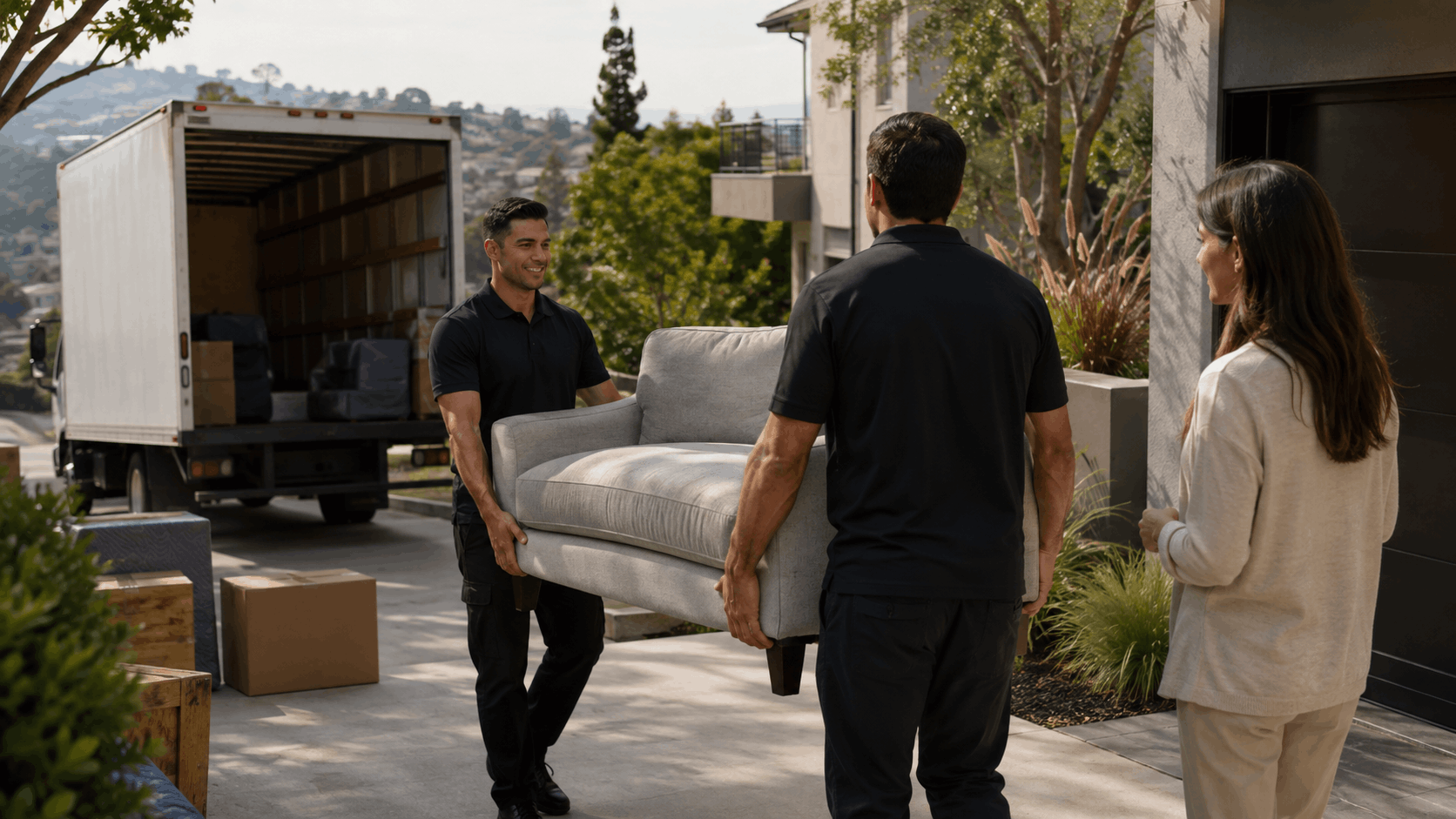 Two professional Popeye movers carrying gray sofa into Los Angeles home from truck