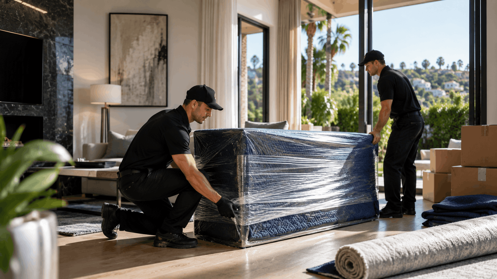 Two professional movers in black uniforms wrapping furniture in luxury Toluca Lake home