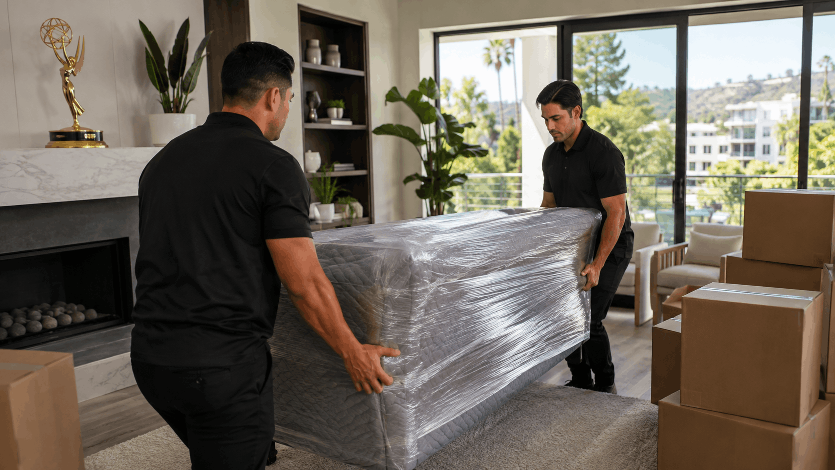 Two professional movers carefully transporting a plastic-wrapped mattress in a luxury Los Angeles home
