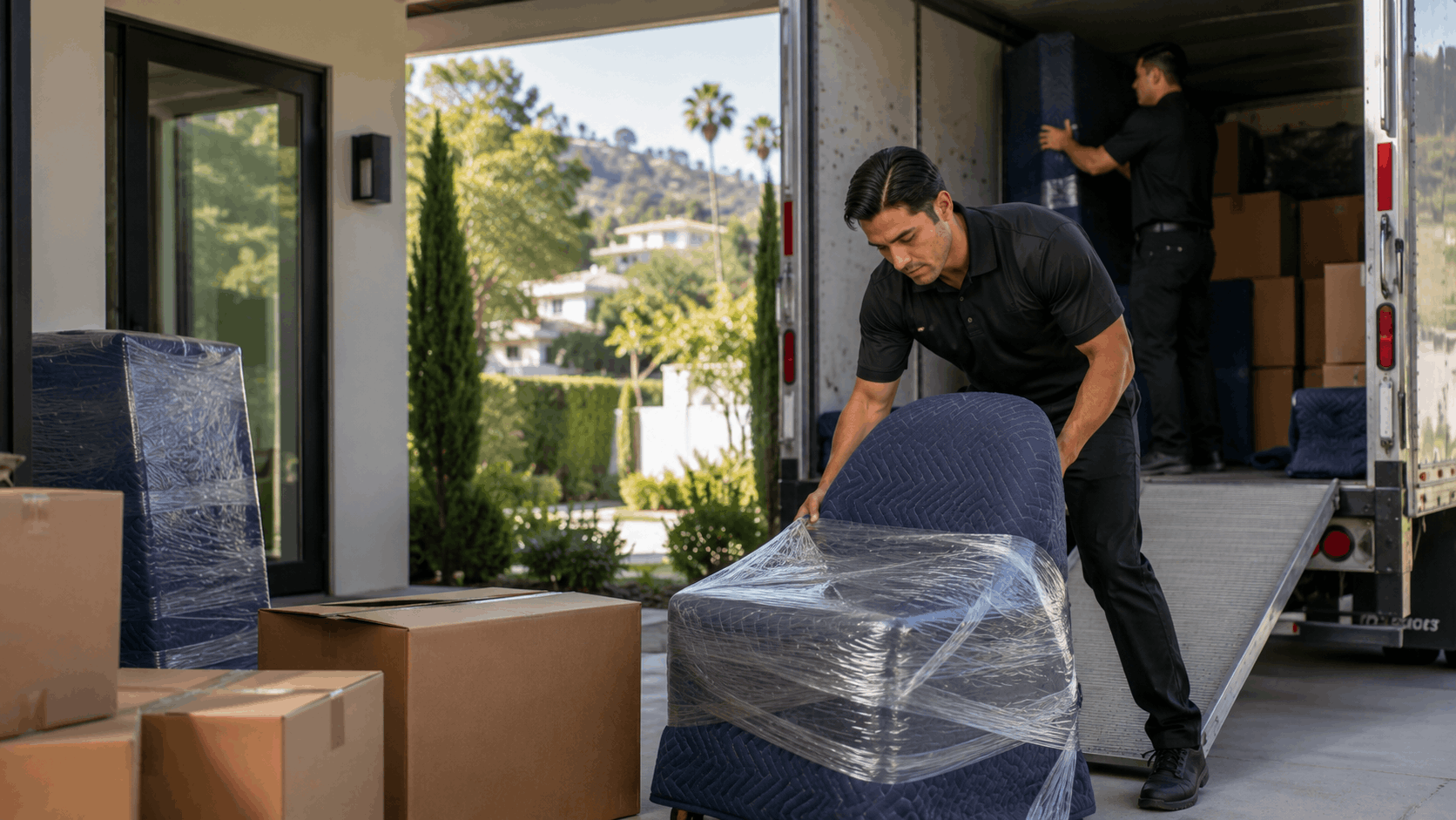 Professional movers unloading wrapped mattress and boxes from moving truck in Los Angeles