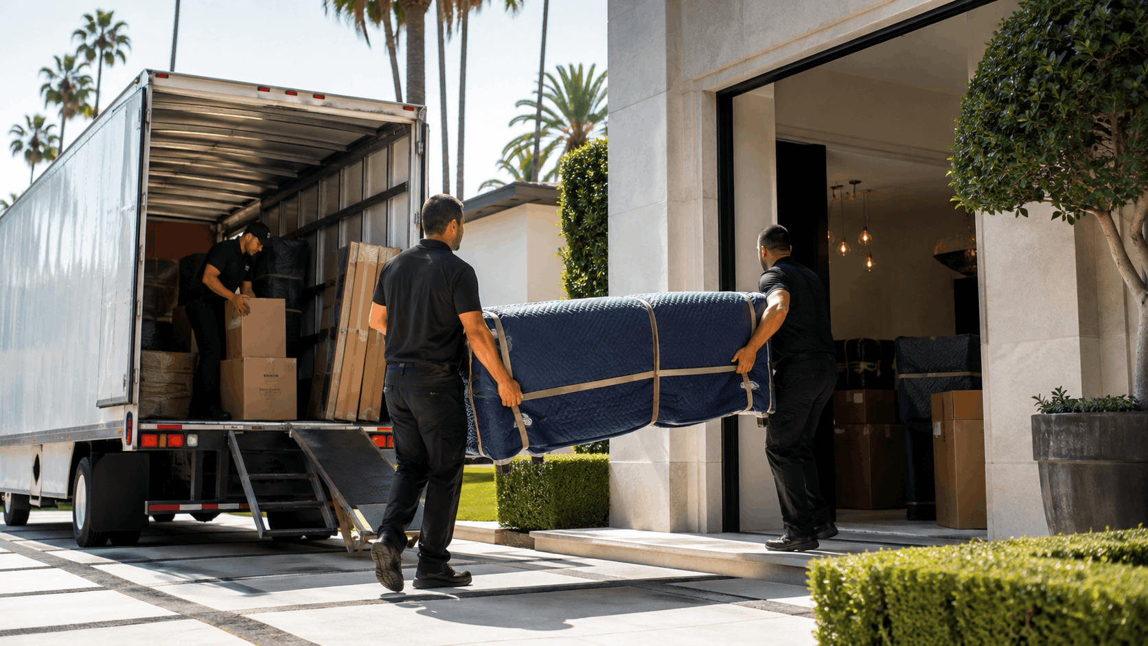 Professional movers carrying wrapped furniture into luxury Toluca Lake home from moving truck