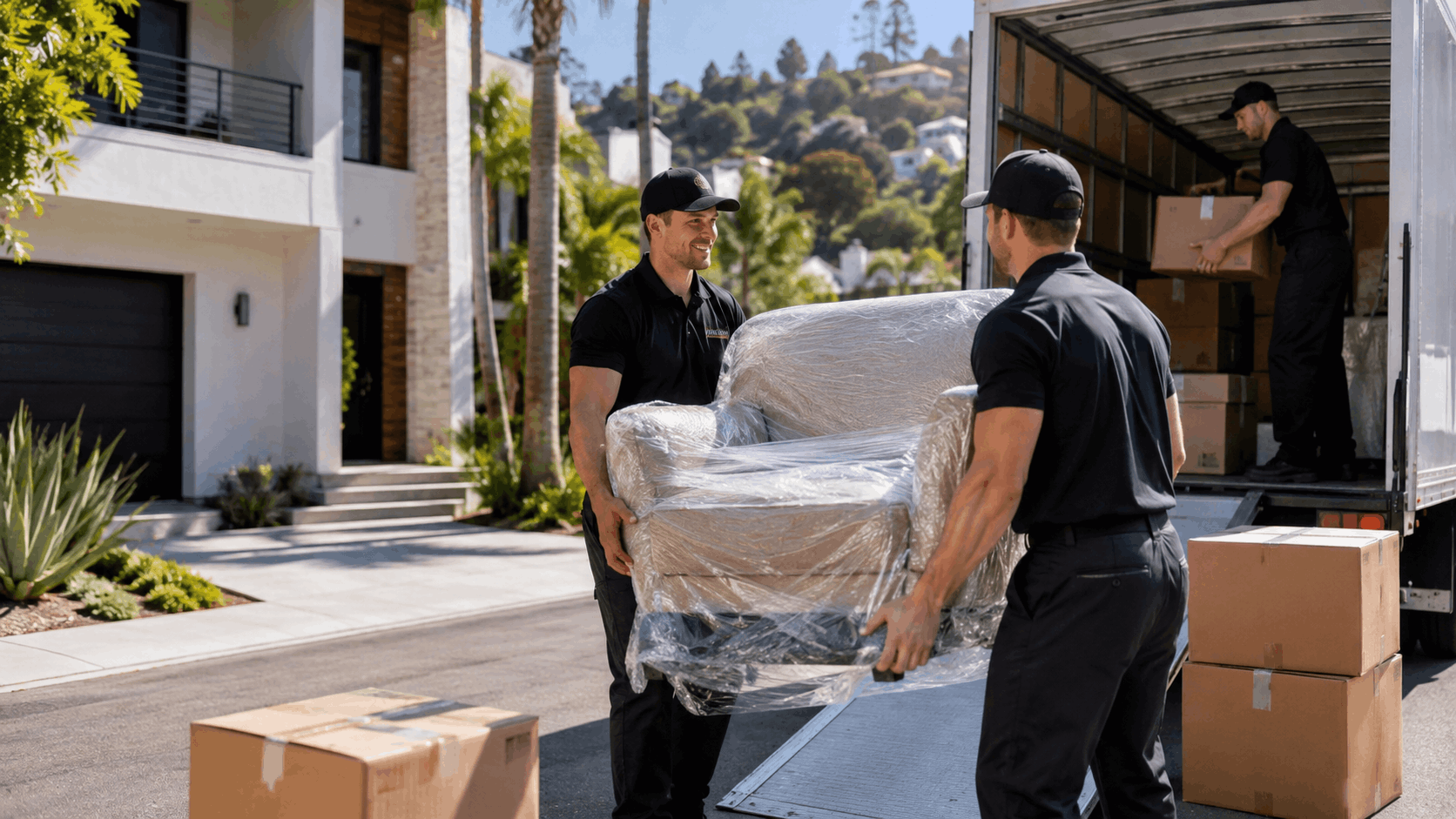 Professional Popeye Moving crew loading plastic-wrapped sofa into truck at Los Angeles home