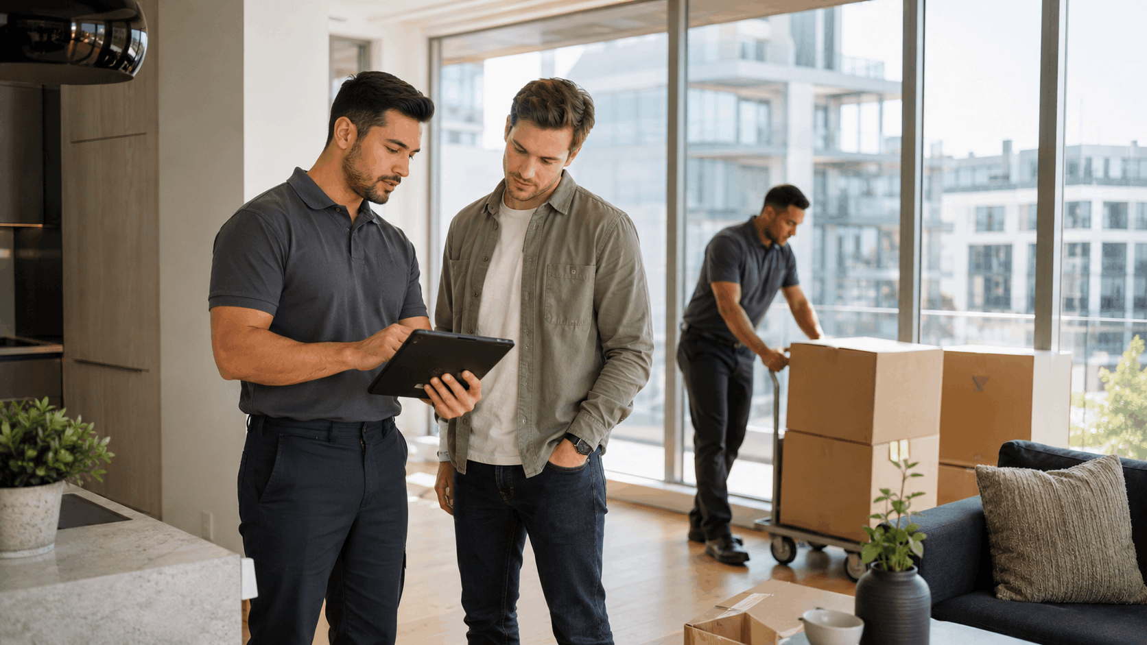 Moving company professionals reviewing tablet with client during Playa Vista apartment move