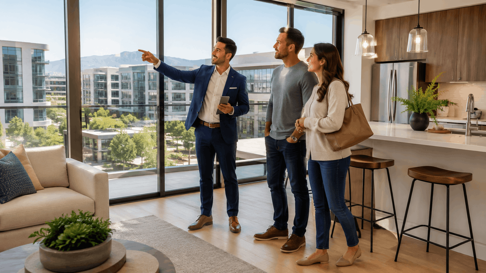 Real estate agent showing Los Angeles new construction apartment to couple during tour