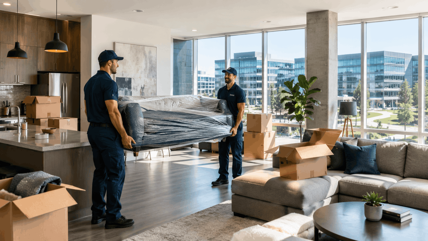 Two professional movers carrying plastic-wrapped sofa in modern Los Angeles tech-corridor apartment