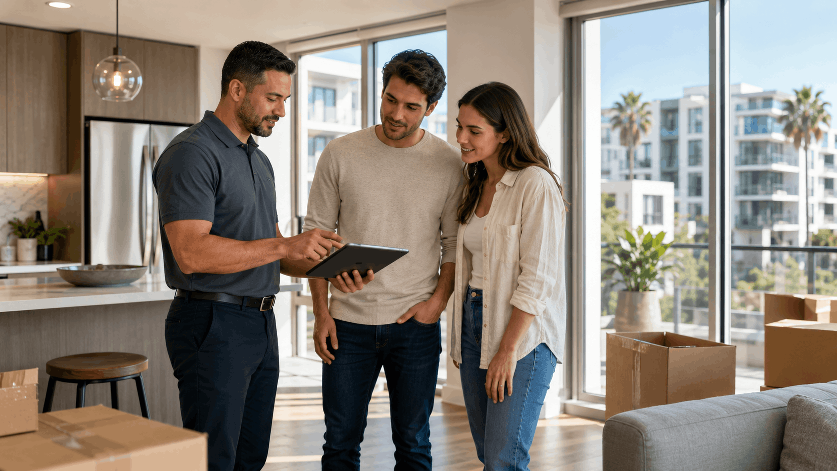 Movers consulting couple with tablet in modern Playa Vista Los Angeles apartment