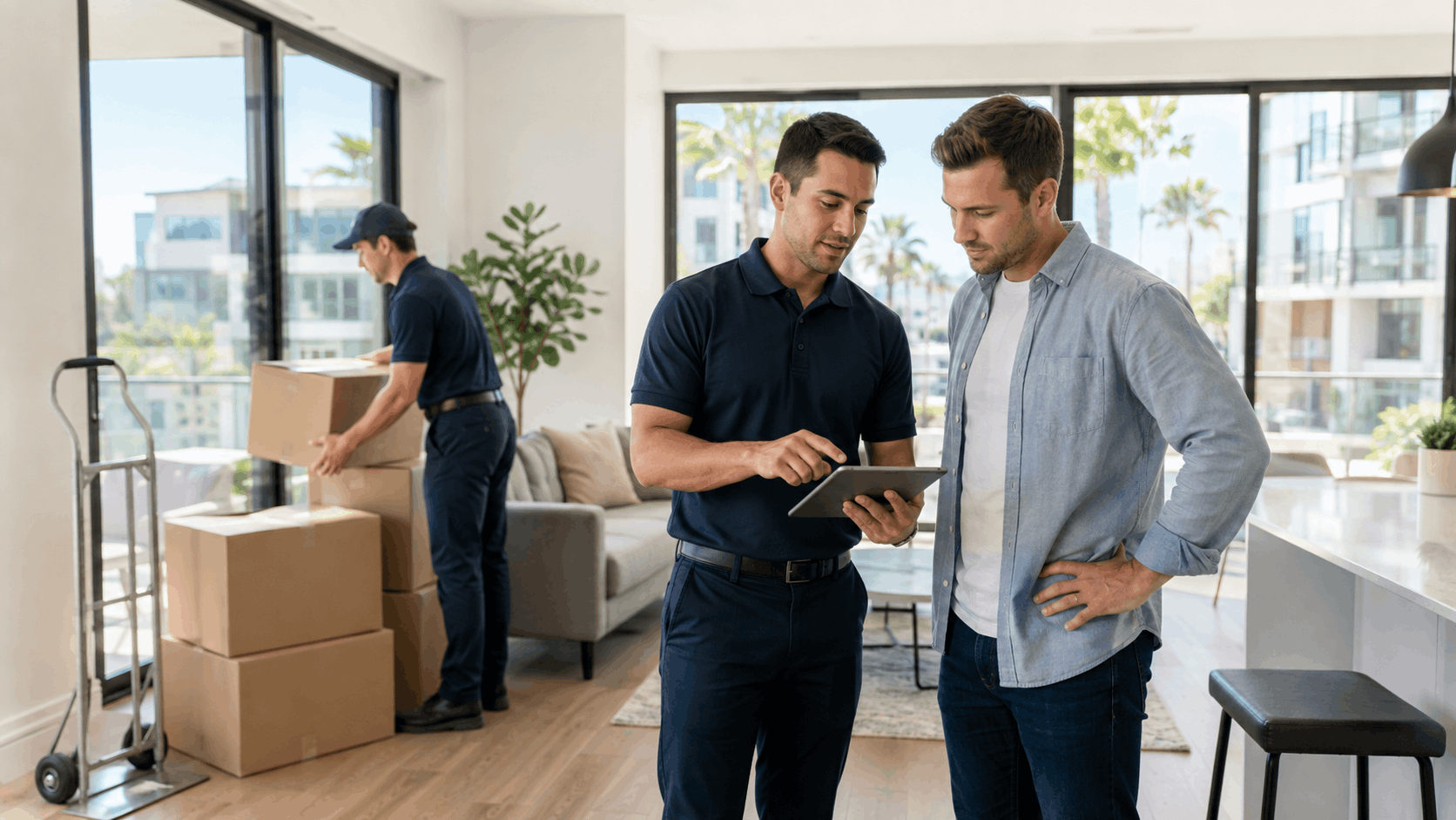 Two Popeye Moving staff reviewing tablet with client during Los Angeles home relocation