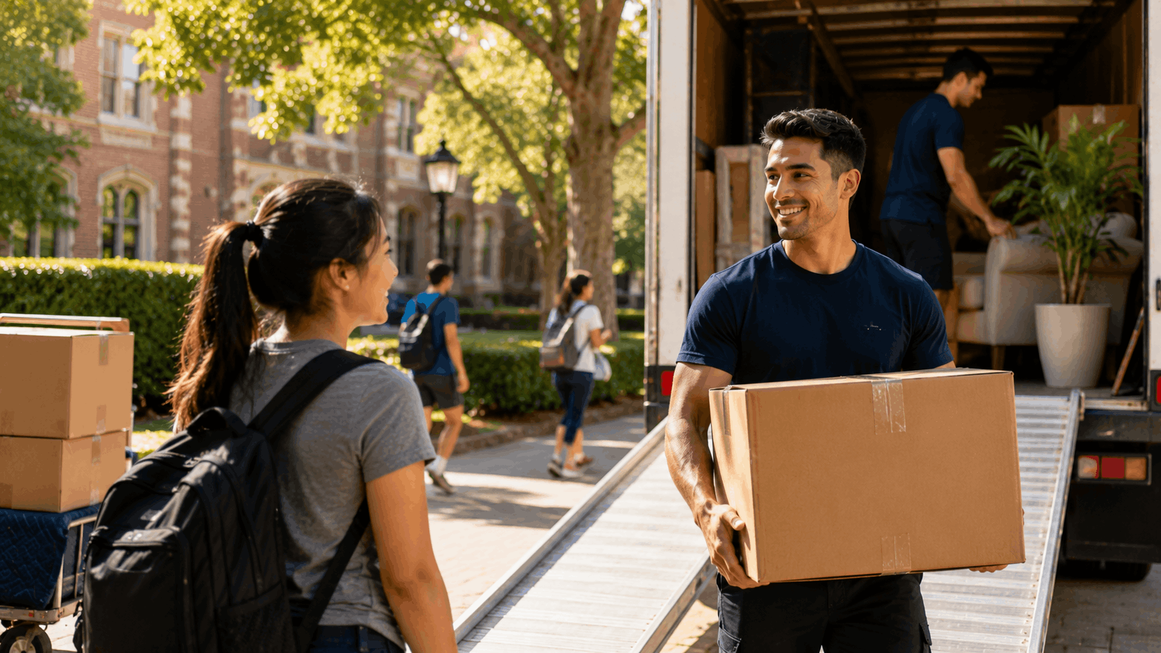 College students unloading moving truck boxes on Westwood university campus during move-in day