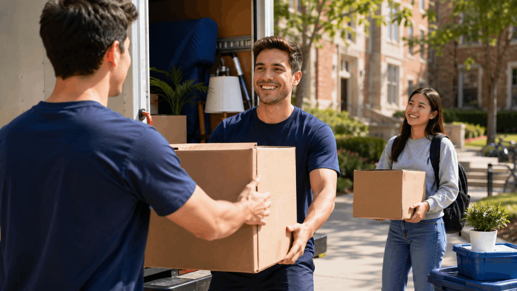 UCLA faculty and staff unloading moving boxes from truck on campus