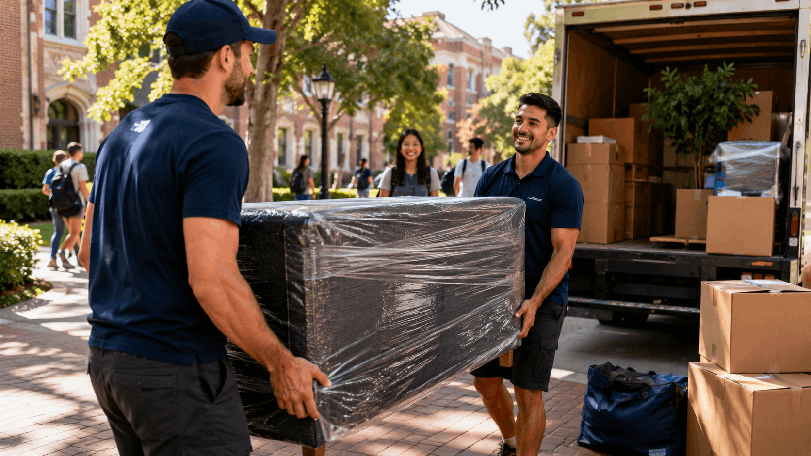 Two movers unloading wrapped furniture from truck during Westwood college move