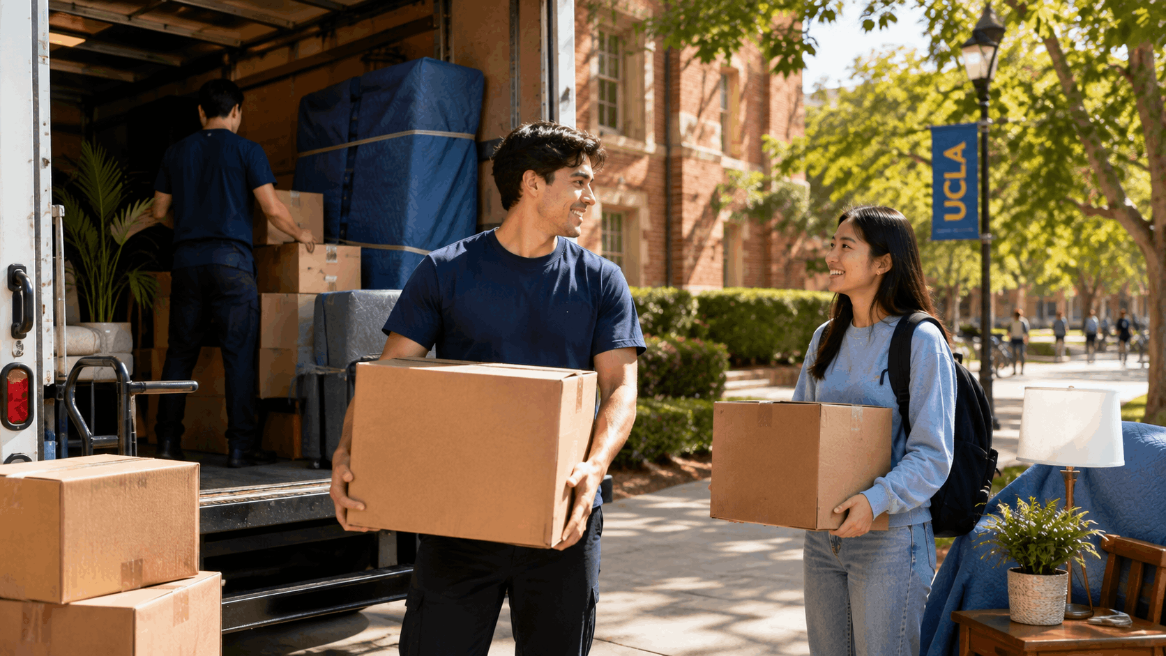 UCLA students unloading moving boxes from truck during college move-in day