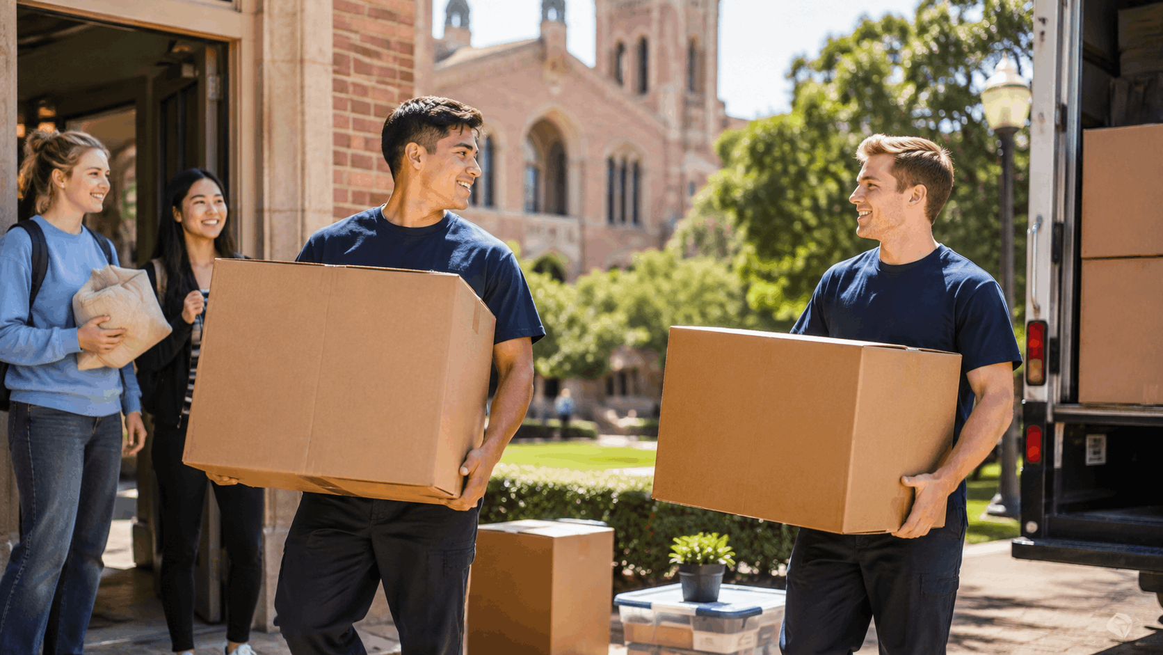 Popeye Moving crew unloading boxes from truck at UCLA campus with students