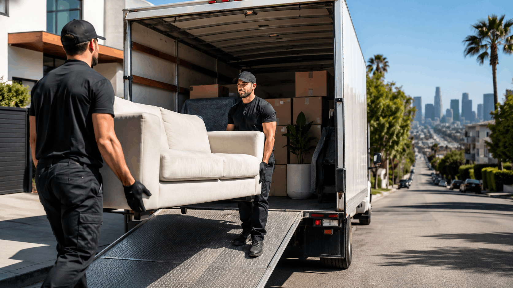 Two professional movers unloading white sofa from moving truck in Los Angeles