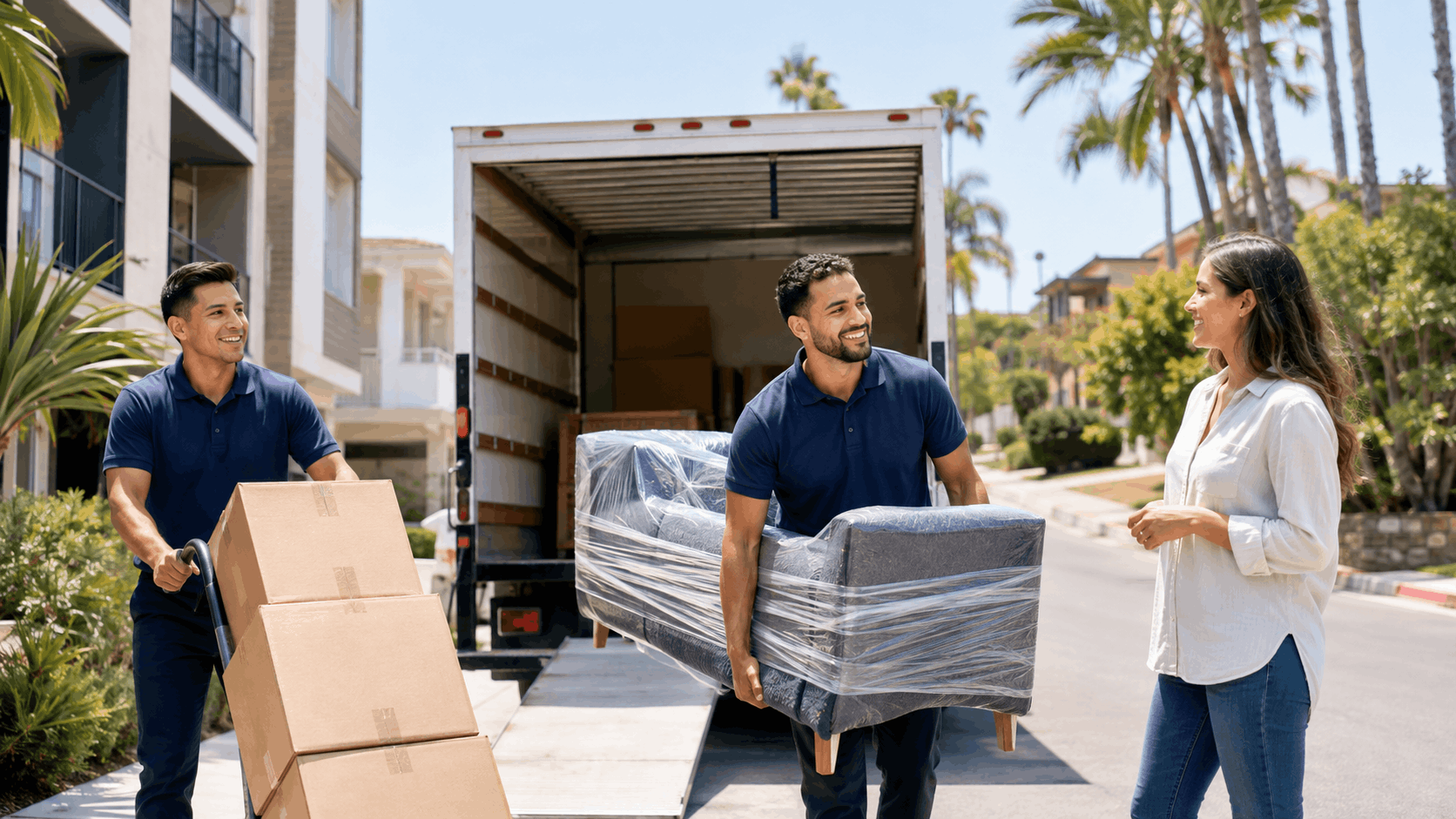 Two Popeye Moving crew members unloading boxes and wrapped sofa from truck in Los Angeles