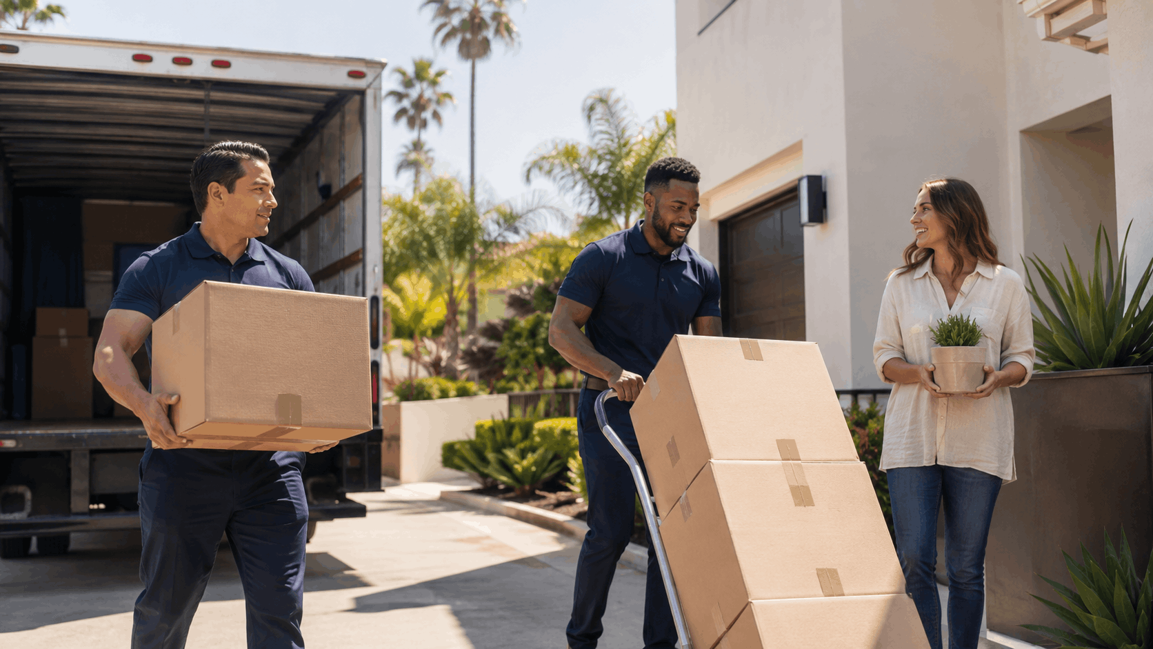 Two movers unloading cardboard boxes from truck at Los Angeles home with homeowner