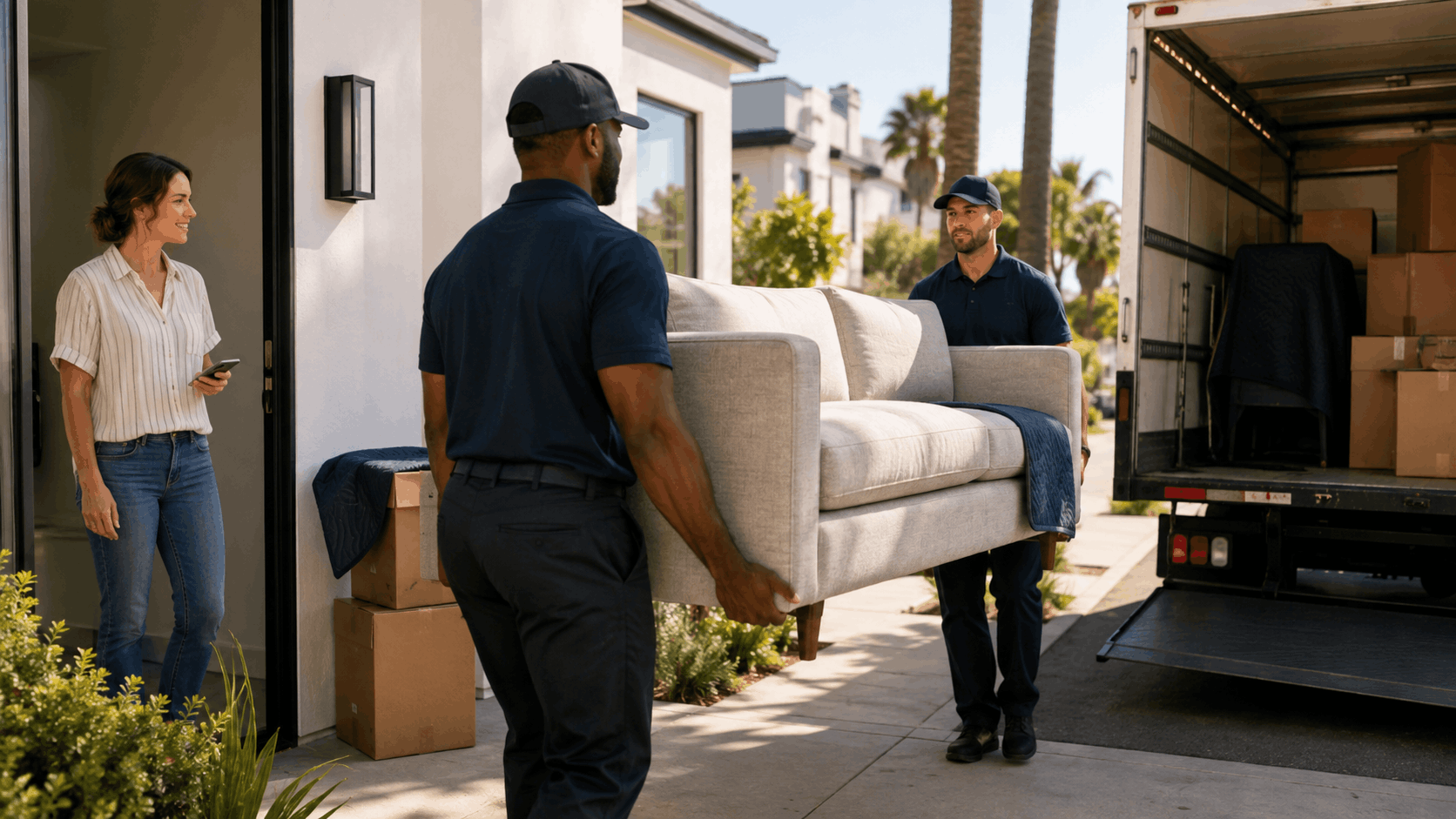 Two professional movers carrying sofa into Los Angeles home from moving truck