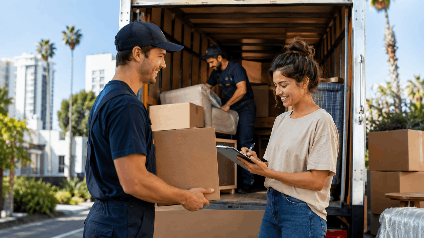 Popeye Moving crew unloading boxes from truck while customer signs paperwork in Los Angeles