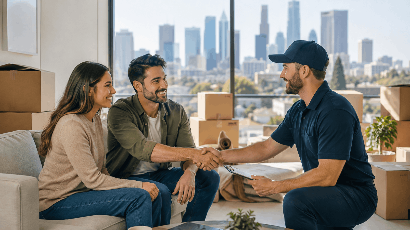 Couple shaking hands with moving broker surrounded by boxes in Los Angeles apartment