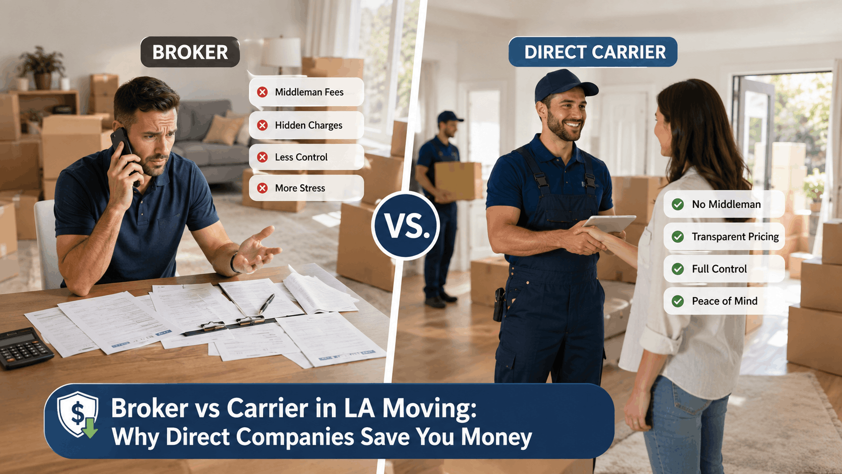 Broker vs direct carrier moving company comparison infographic for Los Angeles relocations