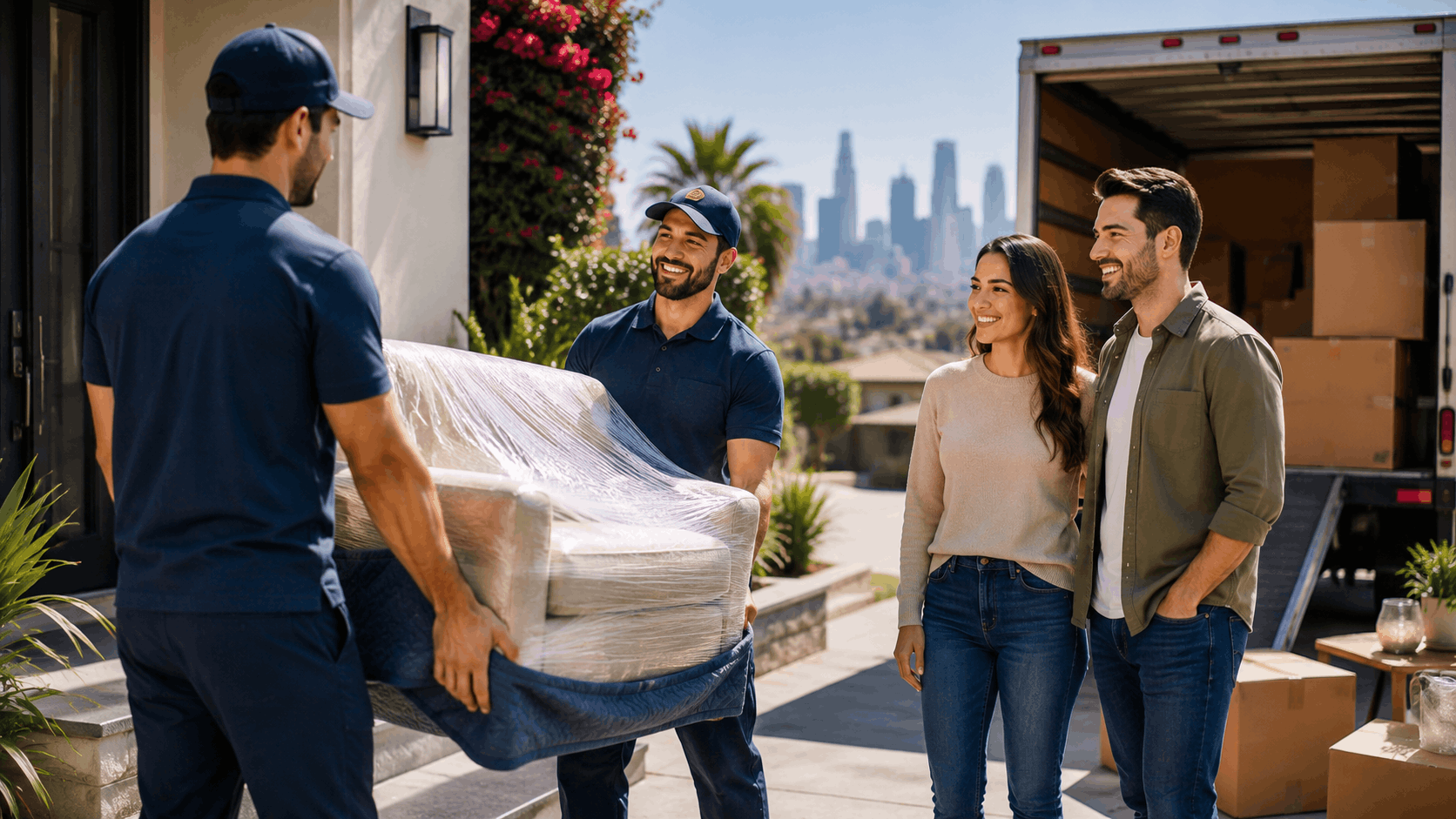 Professional movers carrying wrapped sofa into Los Angeles home for smiling couple