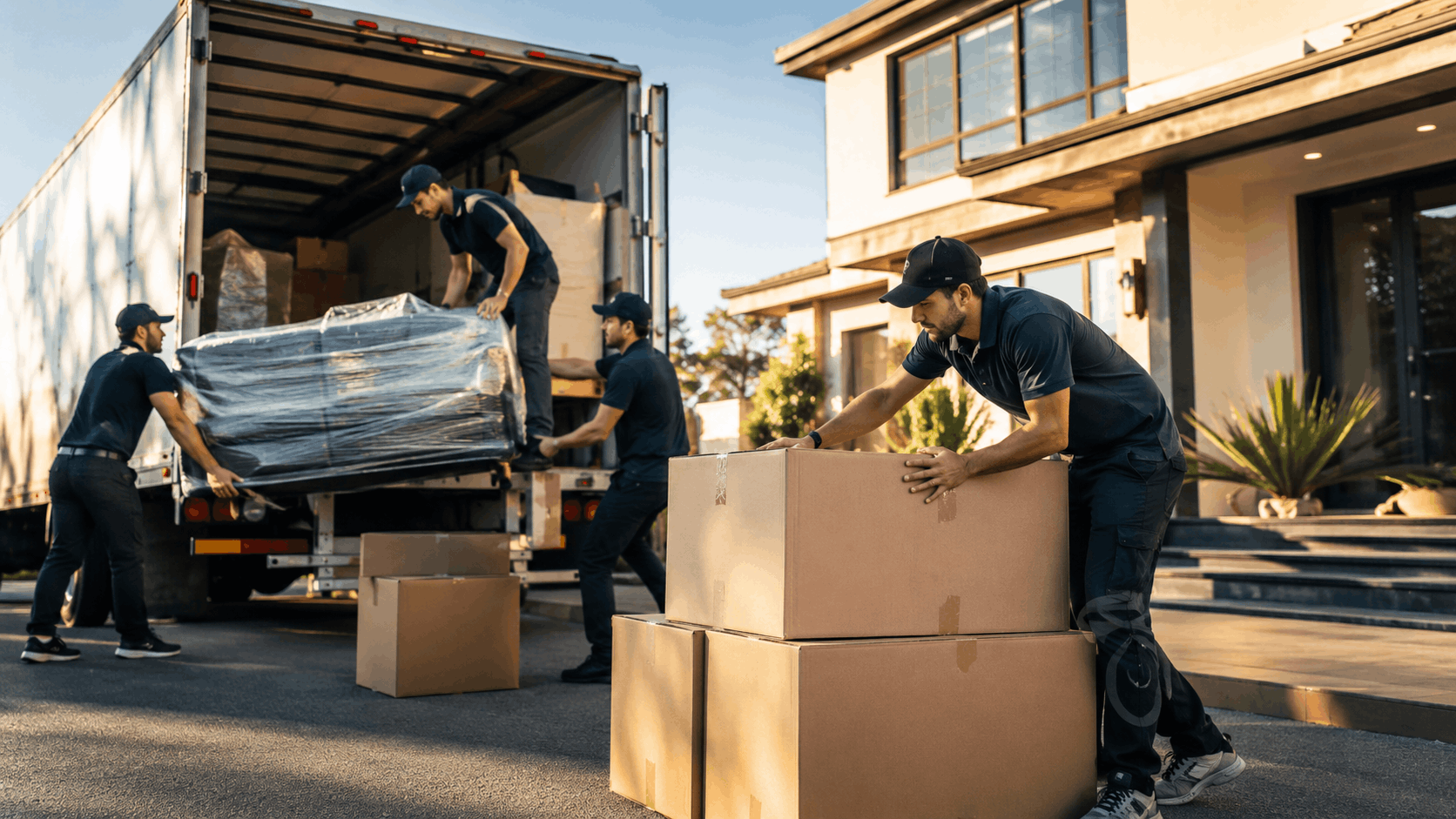 Professional movers in black uniforms unloading boxes and furniture from moving truck outside luxury home
