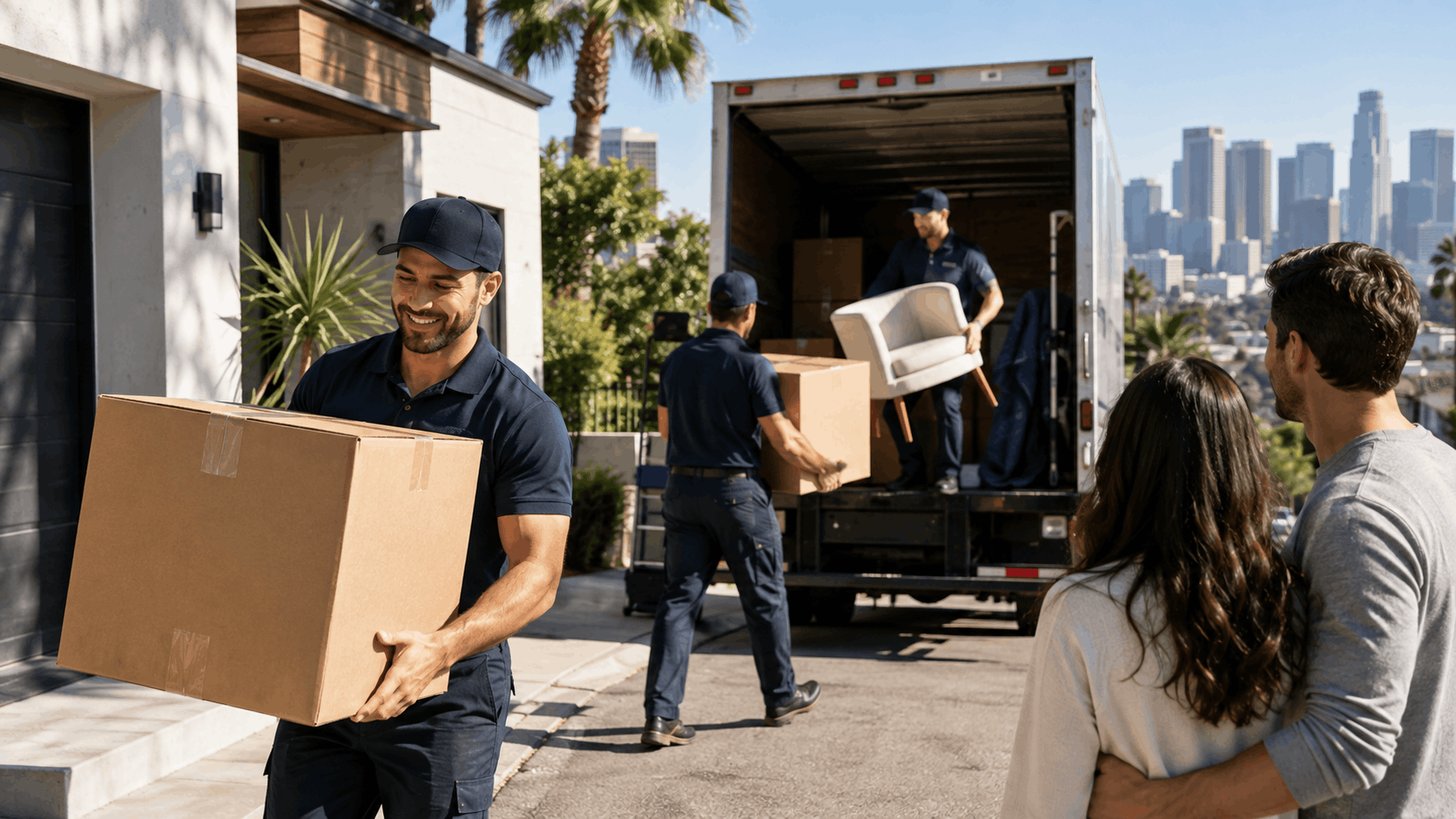 Popeye Moving crew unloading boxes and furniture from truck at Los Angeles home