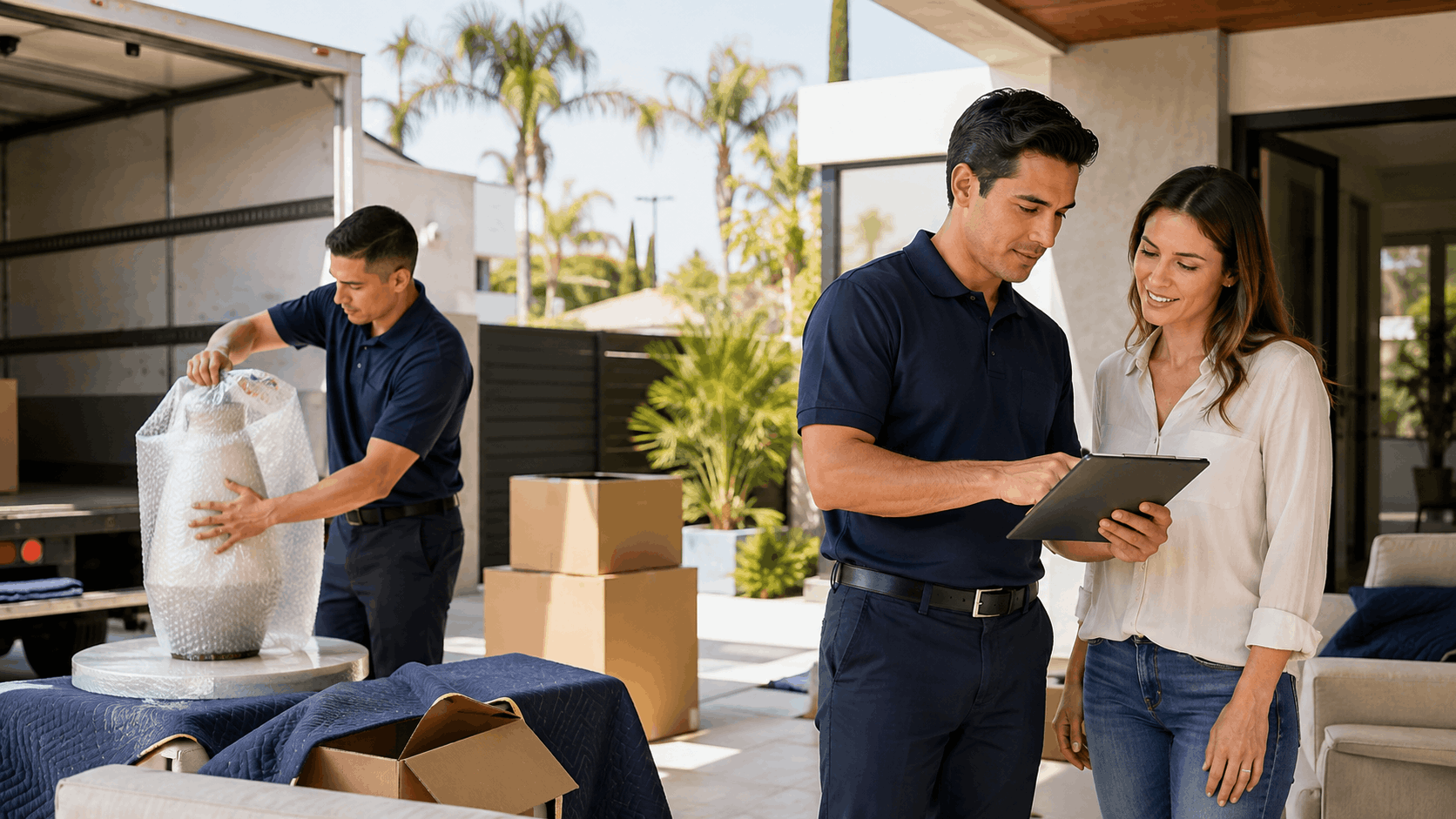 Professional movers assisting Los Angeles homeowner with insurance-approved moving services outdoors