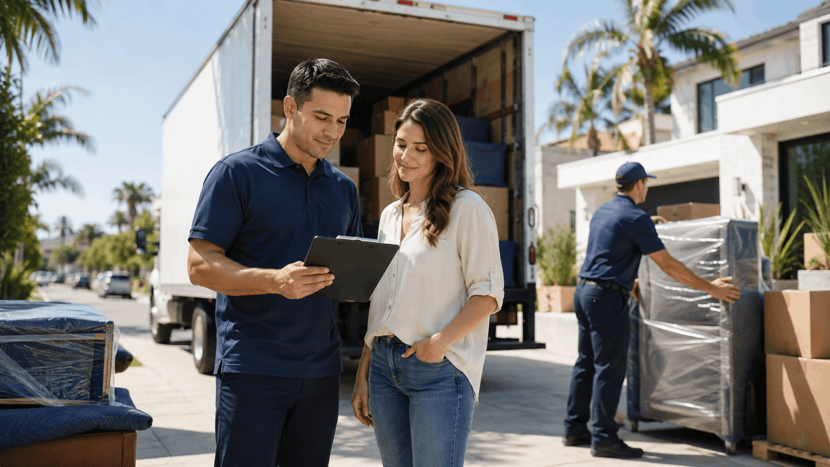 Moving company representative reviewing coverage clipboard with customer outside Los Angeles home