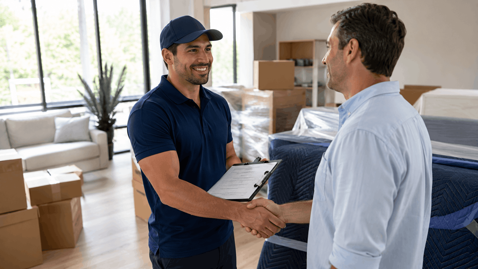 Smiling mover in uniform shaking hands with customer amid packed moving boxes