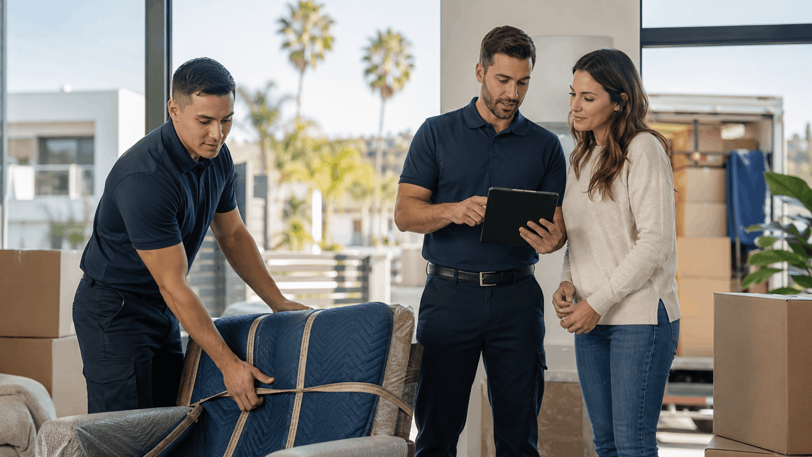 Two professional movers helping woman review inventory checklist during Los Angeles home relocation