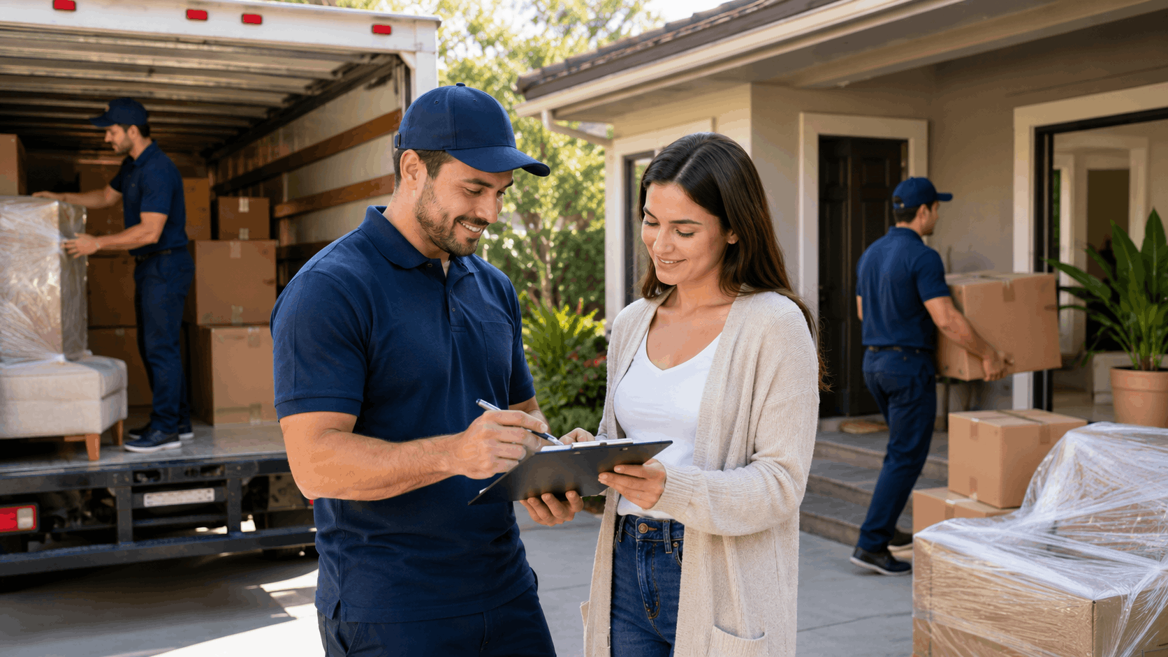 LA mover in uniform signing clipboard with female customer during home relocation