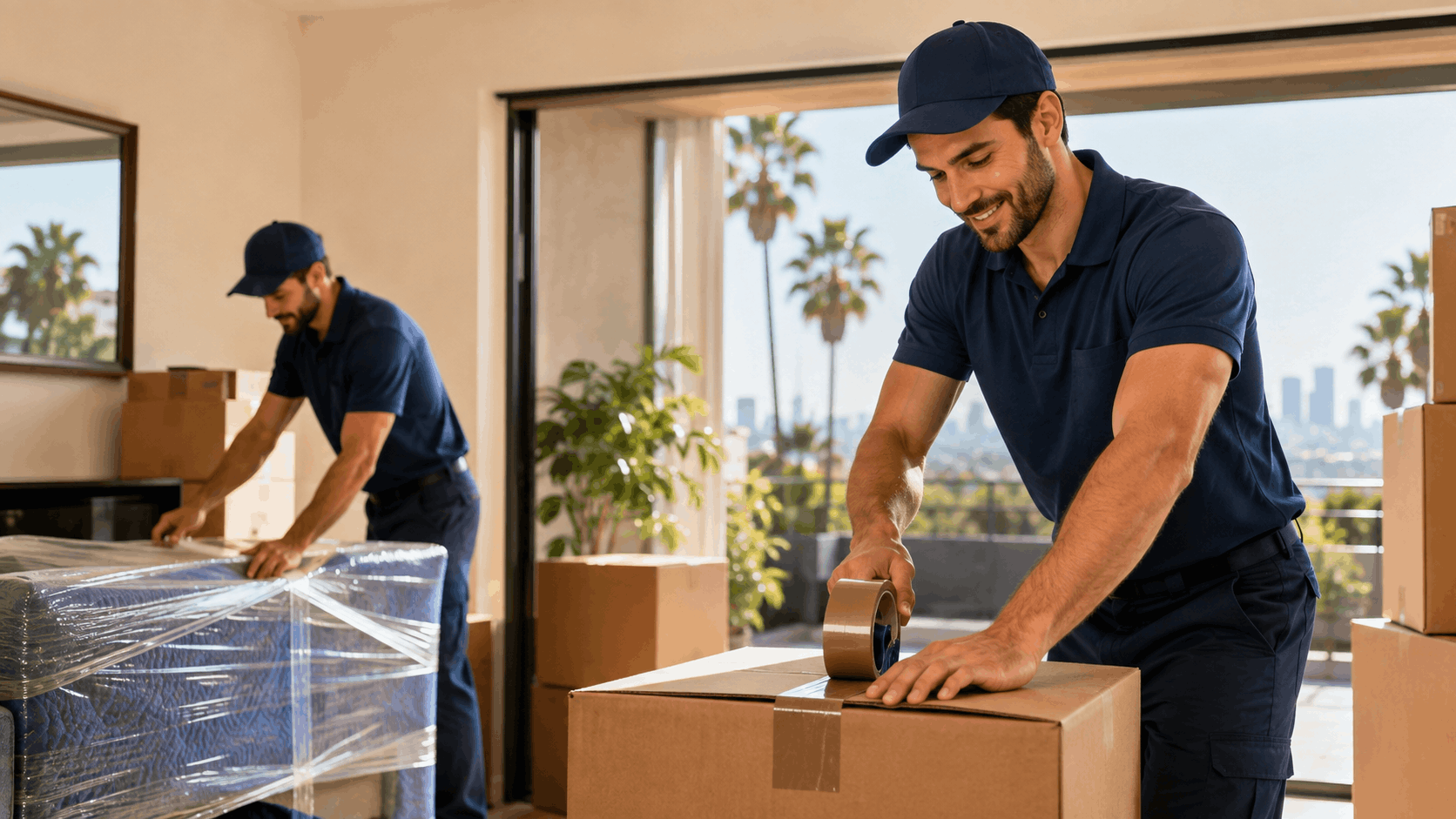 Two licensed movers in uniform packing and taping cardboard boxes in Los Angeles home
