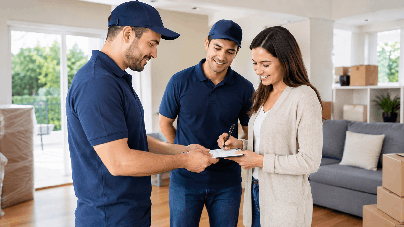Woman signing moving contract with two bonded insured movers in Los Angeles home
